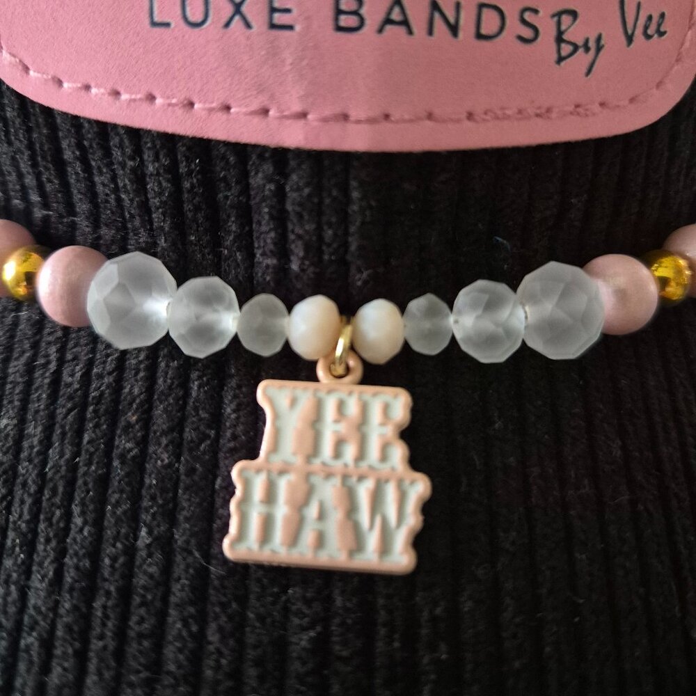 Cowgirl Western Beaded Hat Band Pink & Gold YEE HAW Charm